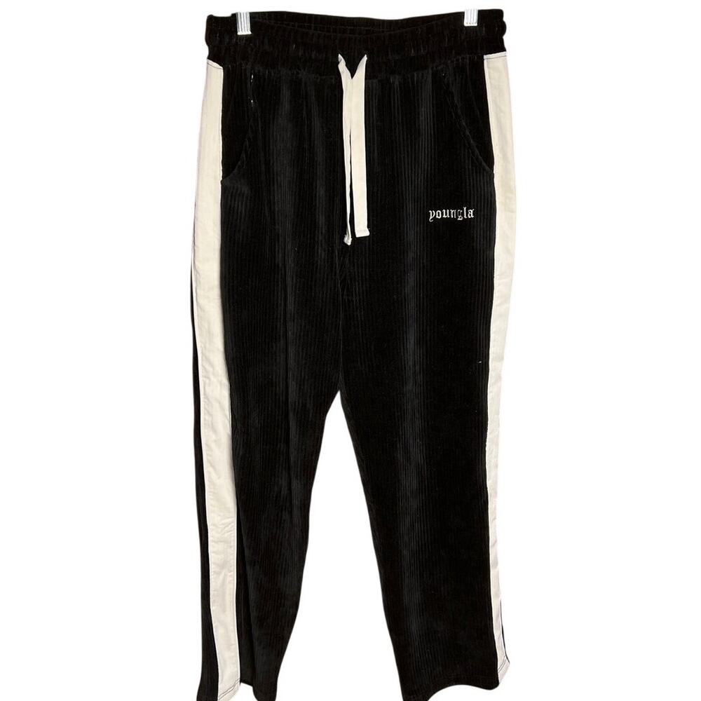 YOUNGLA Mens Corduroy jogger pant size L black ribbed velvety soft casual pullon